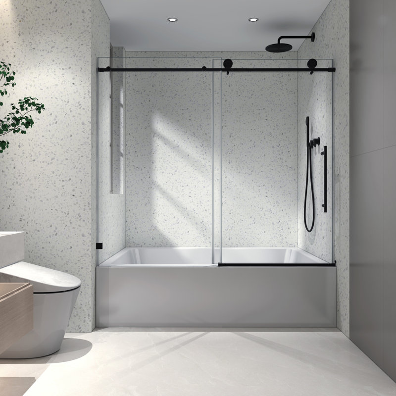 Shower Door 6063 Matte Black - Unframed With -Proof Membrane, Nano Clean, 70Mm 304 Stainless Steel Pulley, Bathroom One Fixed & Movable Door, Big Pulleys, Adjustable , Easy-Cleaning, Stick - 5/16''