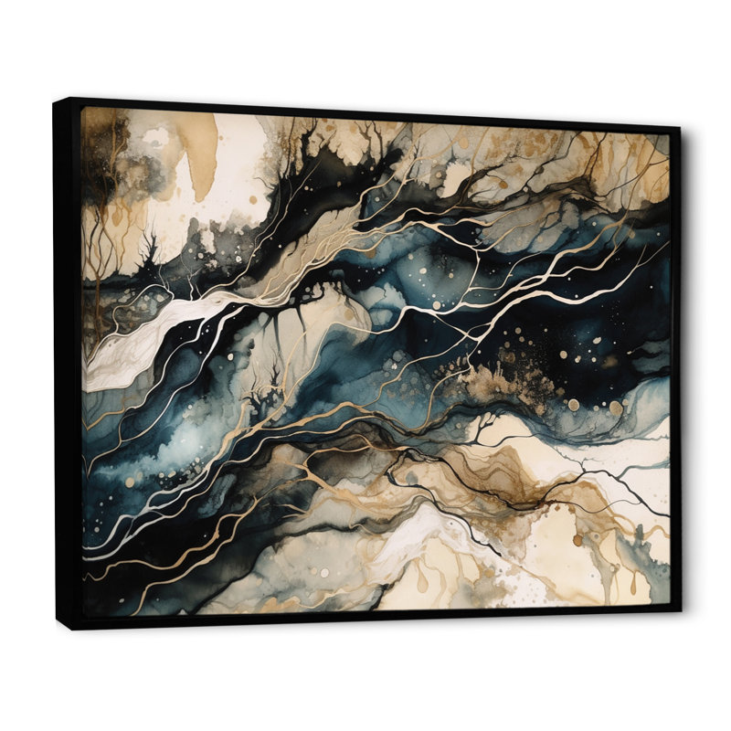 «Blue Beige Marbré Dreamscape III», reproduction sur toile, H 24 po x l 32 po x P 1 po, Cadre flottant noir