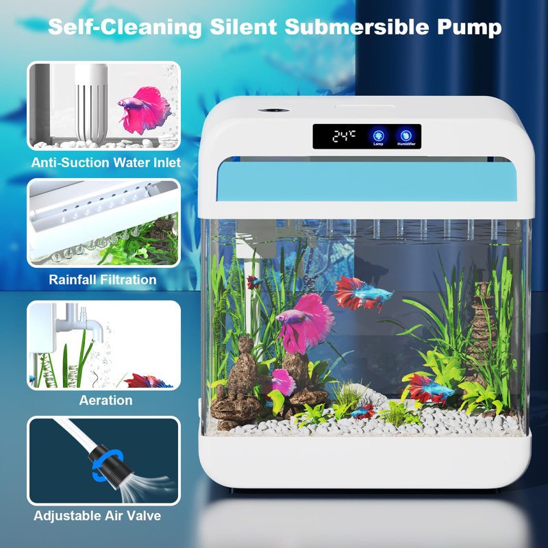 2.2 Gallon White Glass Fish Tank with 7-Color Light and Humidifier