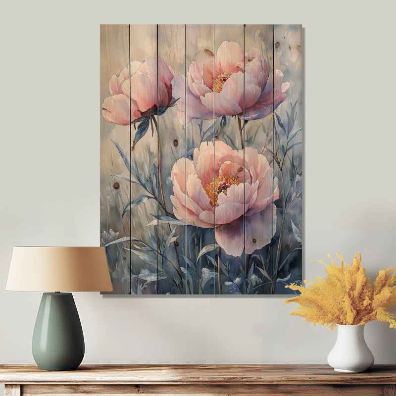 Frosty champ pivoines élégance II - décorations murales en bois pivoines - sur bois de pin naturel