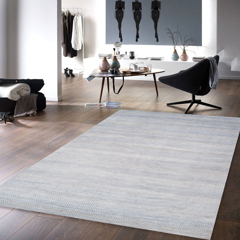 Hand-Knotted Wool/Silk Area Rug, Rectangle 10' x 14', Blue/Silver