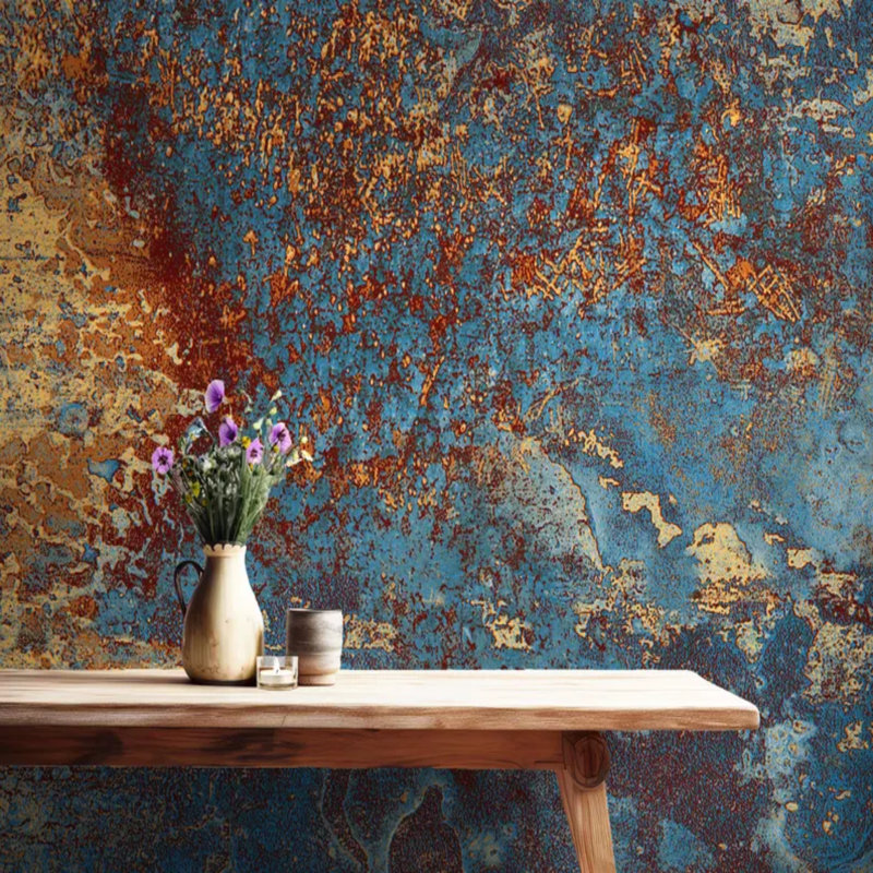 Murale abstraite métallique rouille bleue, L 108 po x l 96 po