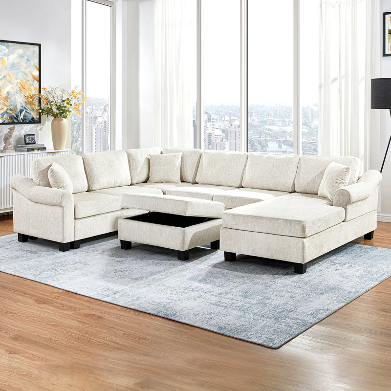 Canapé modulaire Canapé modulaire rembourré en chenille de 111,8 po avec repose-pieds de rangement mobile pour le salon, blanc