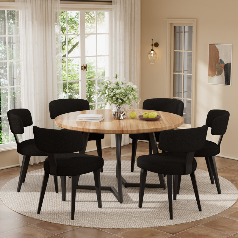 Round Wooden Dining Set For 4-6, Natural Wood, Back, 7