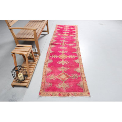 Vintage Bohemian Pink Runner Rug for Stairs and Kitchen - Authentic Turkish Herki Rug 8588