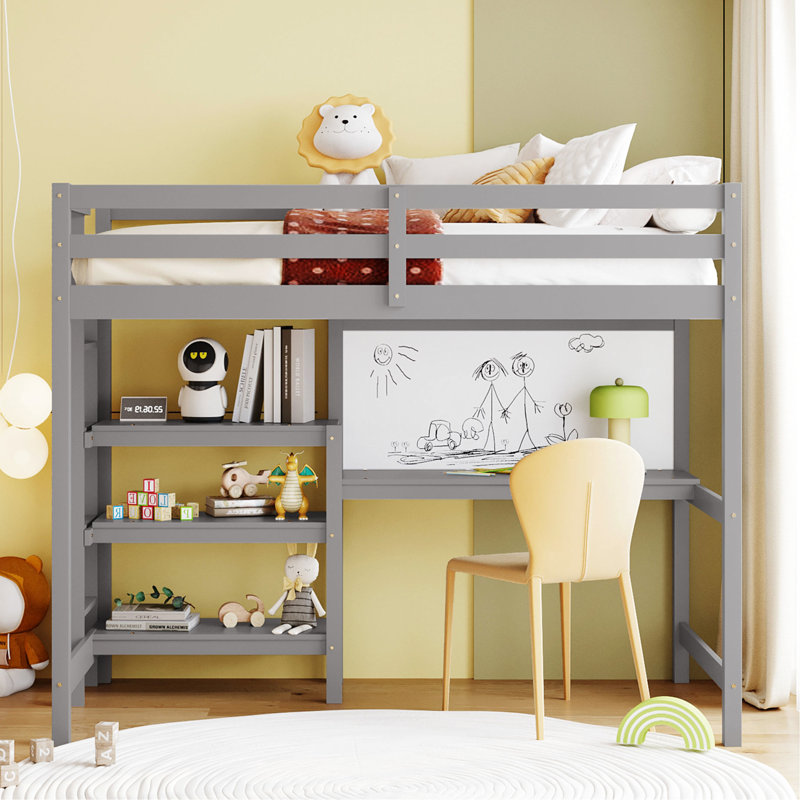 Lit mezzanine simple en bois avec tablettes, bureau, tableau d'écriture - ornement gris 3 po, Lit simple, Gris