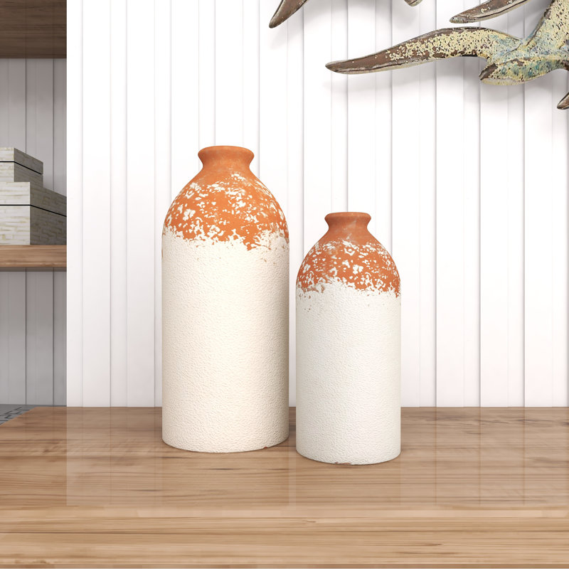 Set of 2 White and Terracotta Ceramic Bottle-Shaped Vases