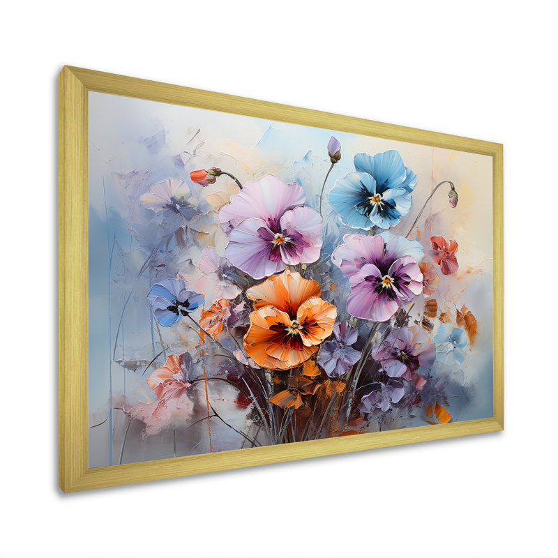 «Purple Pansies Efflores Lawrence» sur toile, Cadre doré simple, H 24 po x l 32 po x P 1 po