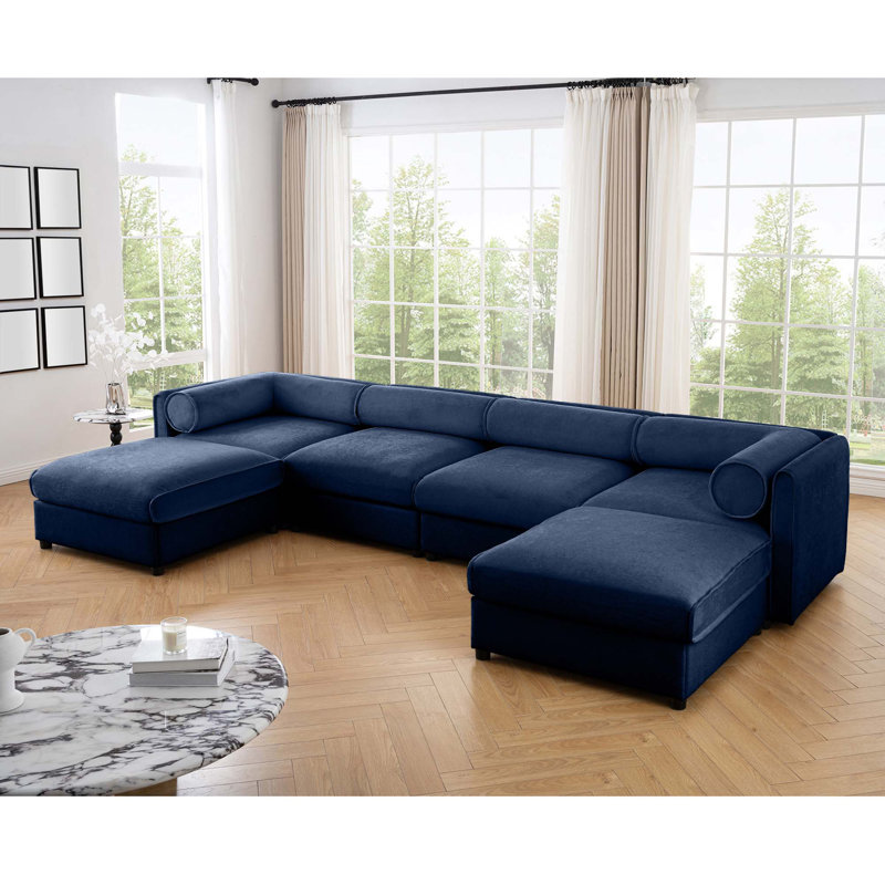 Casen 4-Seater U-Shaped Chenille Sectional Sofa with 2 Ottomans, Chenille bleu, H 27,9 po x l 142,5 po x P 109 po