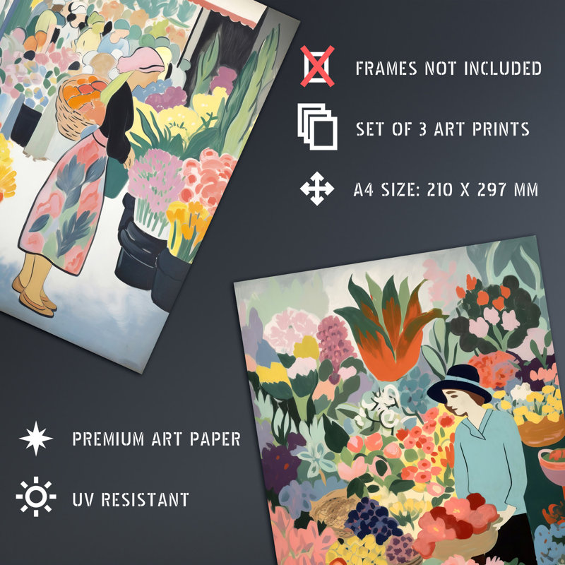 The Flower Stall Danish Pastel Aesthetic Matisse Style Calm - 3 Piece No Frame Print Set, 29.7cm H x 21cm W x 0.4cm D