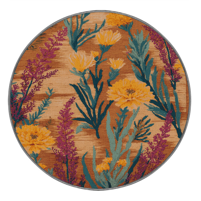 Machine Washable Botanical Brown Area Rug, Round 3'