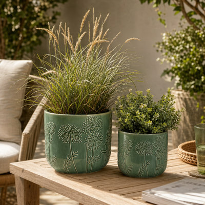Pots de fleurs ronds en céramique à motif floral en relief pour la décoration du salon - Élégants pots d'intérieur pour l'aménagement de la terrasse - Lot de 2, 20 cm et 15 cm