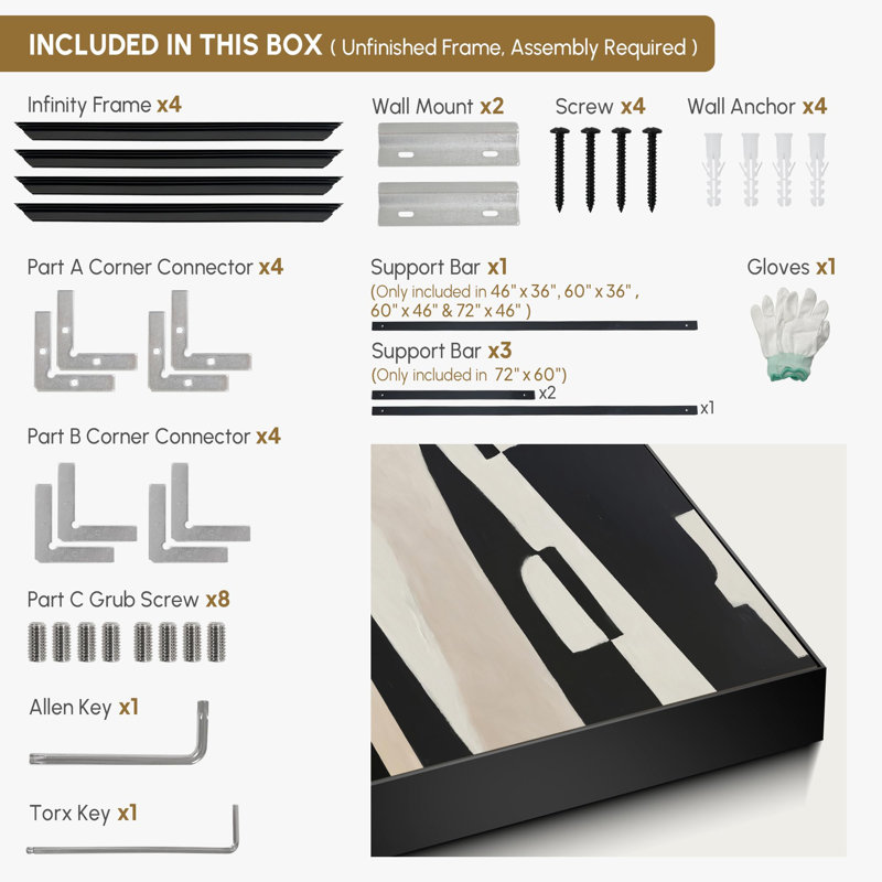 Très grand imprimé mural d'art en tissu - Motif géométrique abstrait noir et blanc, décor minimaliste moderne pour le salon ou la chambre à coucher - «Assemblage requis du cadre (cadre non fini)»