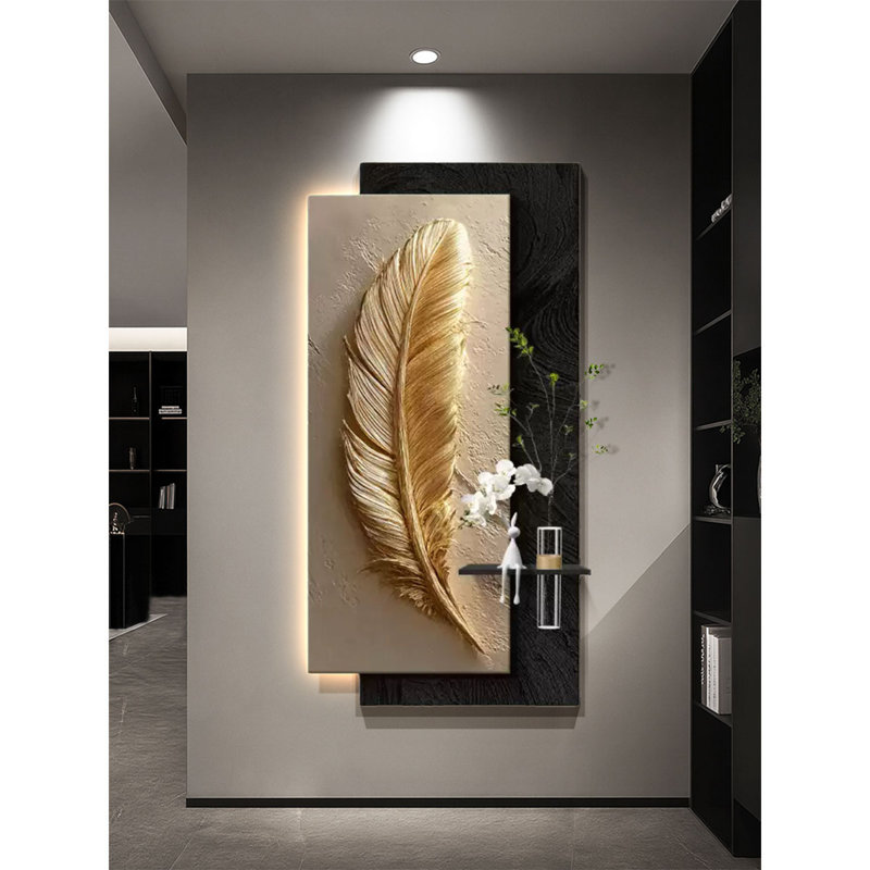 Murale moderne avec plantes en grès et plumes peintes, H 47,24 po x l 23,62 po x P 2,17 po, Noir; blanc; or