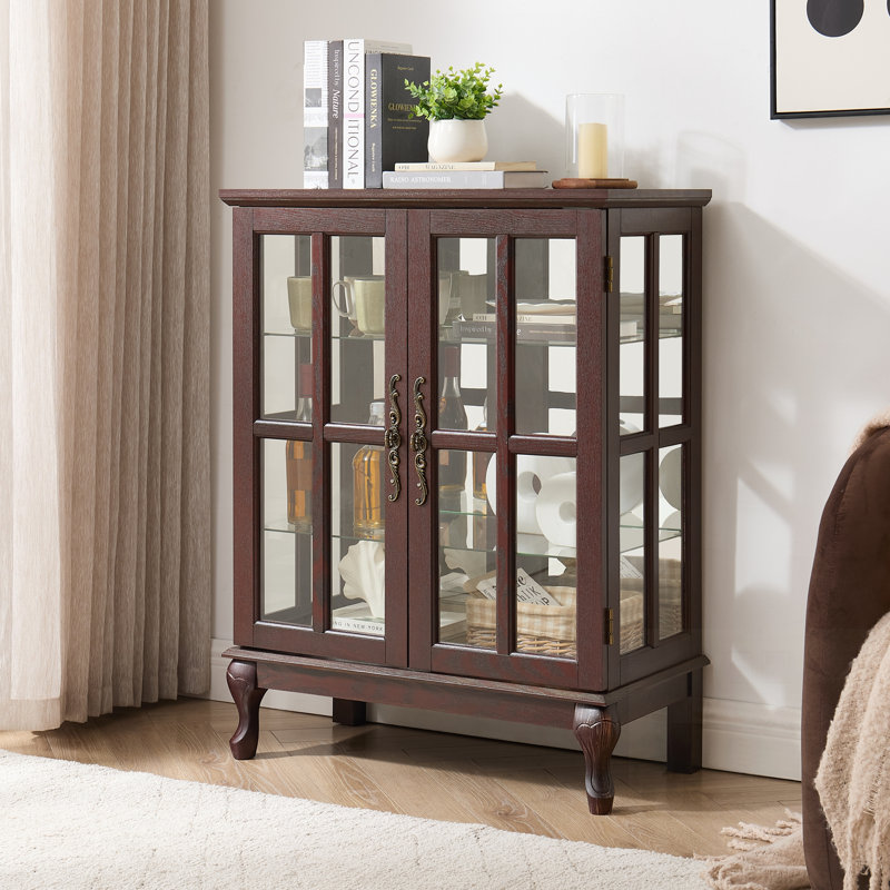 Armoire de rangement en verre avec pieds Cabriole et 2 tablettes réglables - Buffet à porte grillagée avec loquet magnétique