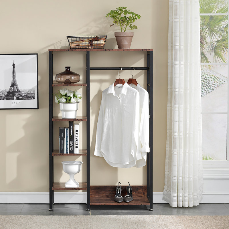 Karyen Free-Standing Heavy Duty Vintage Closet Bedroom with Shelves and Hanging Rod, Brown