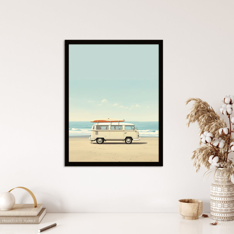 Gone Surfing Camper Van Calm Beach Cream 1 Piece Single Picture Frame Wall Art