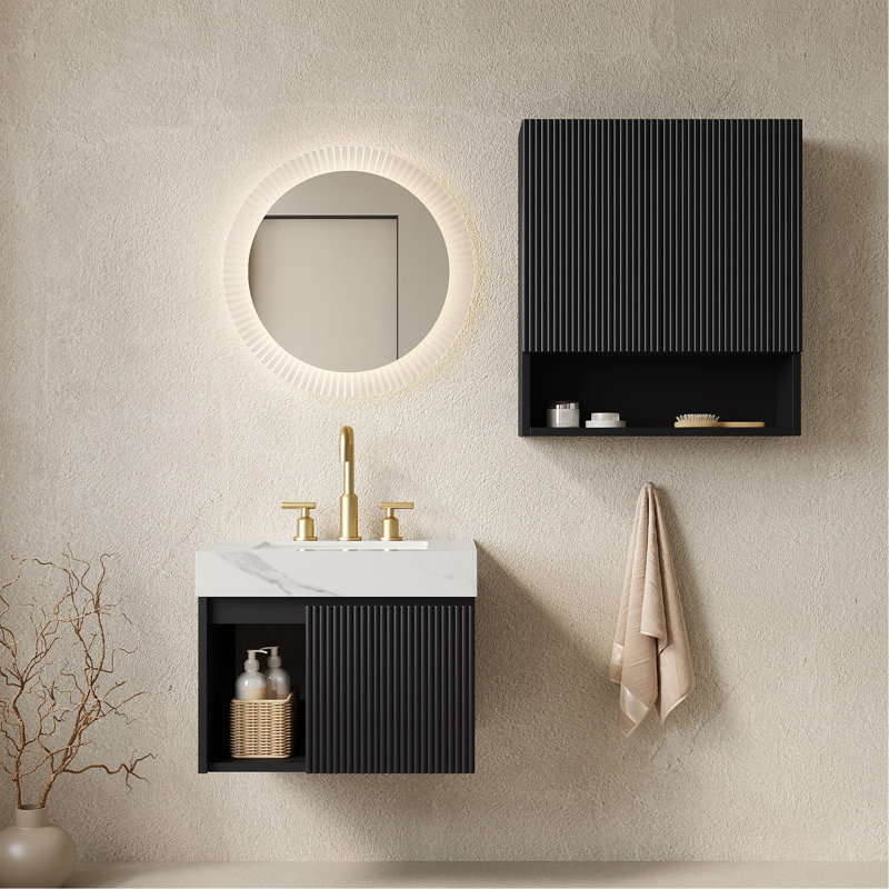 Ensemble combiné de 24 po + TOBI 26 po, meuble-lavabo suspendu avec rangement, comptoir en pierre frittée blanche Carrara, lavabo en céramique, 3 trous prépercés pour robinetterie, robinetterie et bonde non inclus, couleur noire