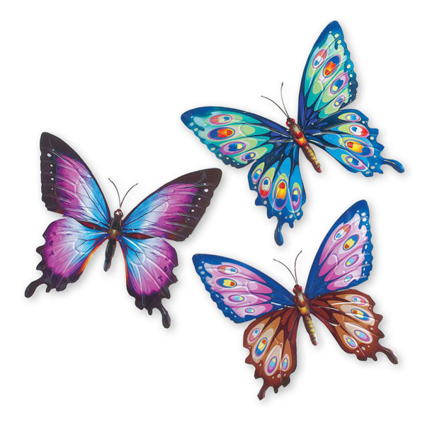 BLUE Shimmery Metal & Glass Body BUTTERFLY Wall Hanging Sculpture