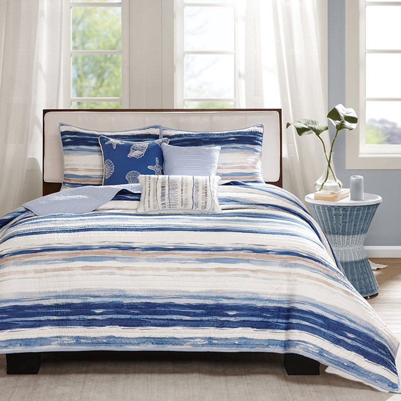 Courtepointe 6 pièces pour très grand / très grand lit - Bleu avec coussins décoratifs aquarelle, Bleu