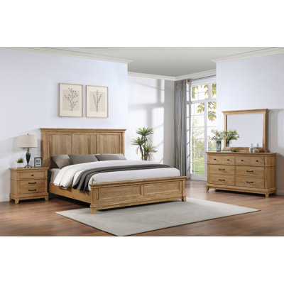 Ensemble de chambre à coucher en bois avec table de chevet 4 pièces Esterel, brun miel