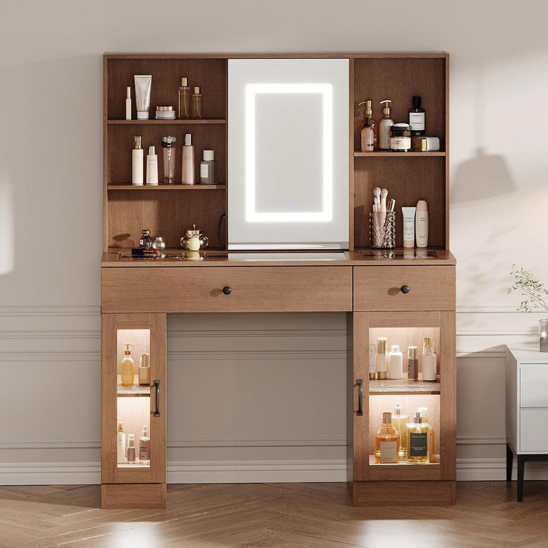 Large LED Vanity Desk with Sliding Mirror, USB Outlets & Storage Drawers, MDF Makeup Dressing Table, Beige