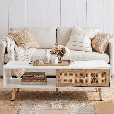 Meshoppen 41Inch Rattan Coffee Table With Sliding Door Storage, Solid Wood Legs & Open Shelf