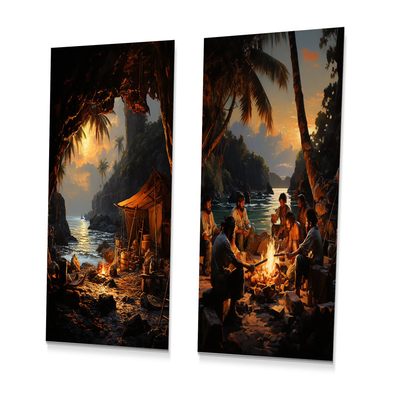 Coucher de soleil sur les pirates tropicaux, havre de paix, ensemble d'art mural en métal 2 pièces, H 32 po x l 32 po