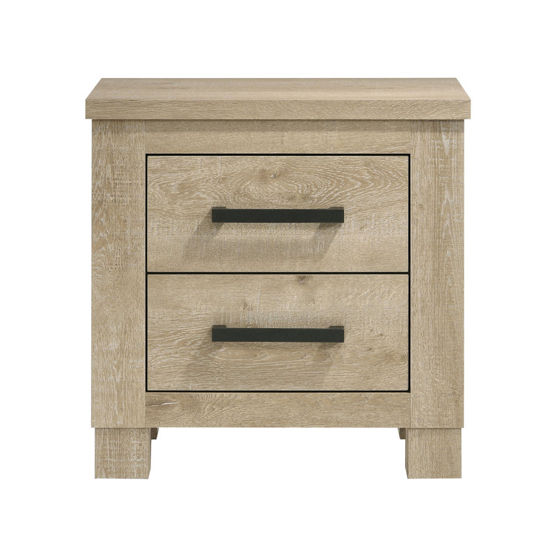 Table de chevet 2 tiroirs en bois avec poignées bronze foncé et chêne vieilli
