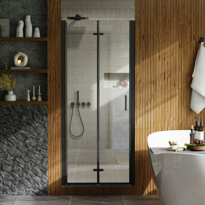 Porte de douche pliante sans cadre noir mat, verre trempé de 1/4 po, largeur réglable