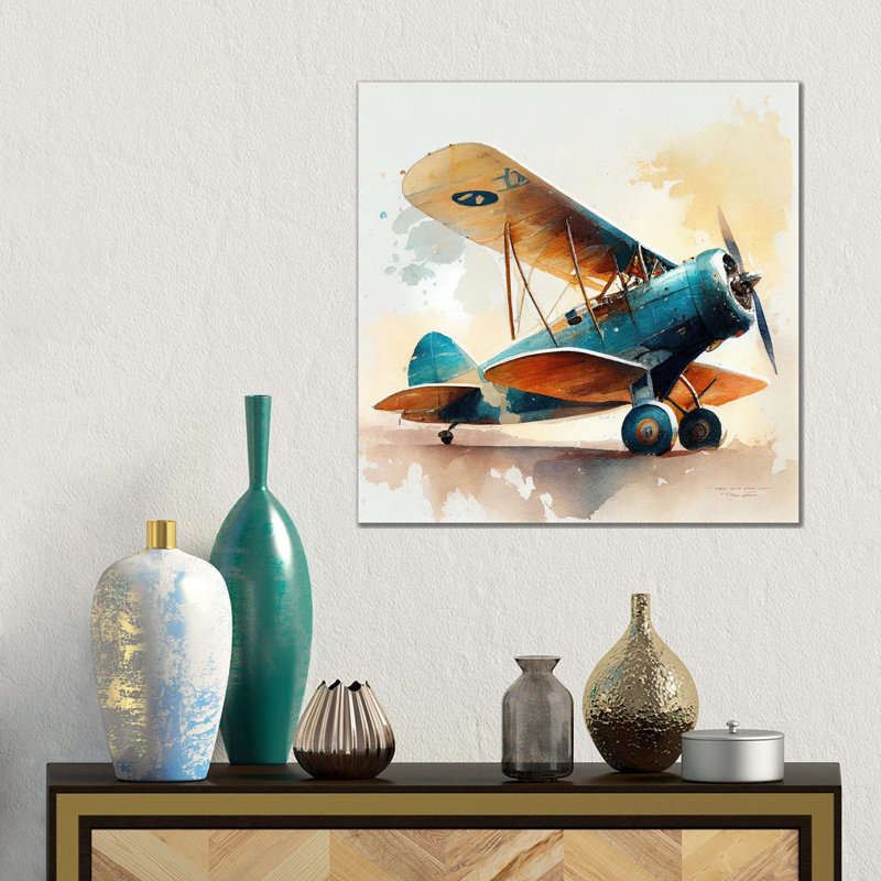 Aquarelle, avion rétro I, Canevas, H 18 po x l 18 po x P 1,5 po
