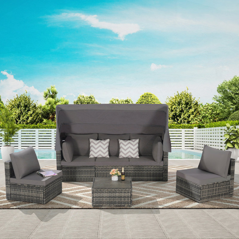 Ensemble de meubles de patio pour l'extérieur avec auvent rétractable et table d'appoint, Gris foncé