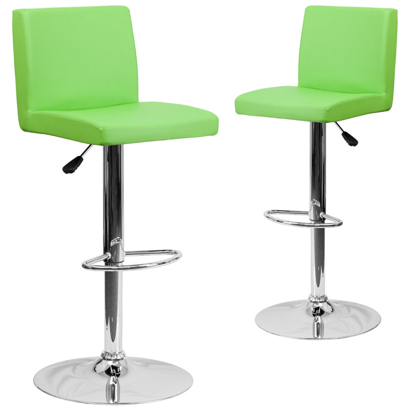 Contemporary Vinyl Adjustable Height Barstool with Panel Back and Chrome Base, Green