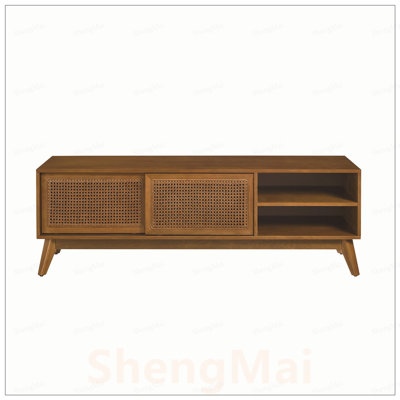 Meuble télé Mid-Century moderne en rotin pour téléviseur de 65 po, meuble audio-vidéo avec pieds en bois massif et rangement