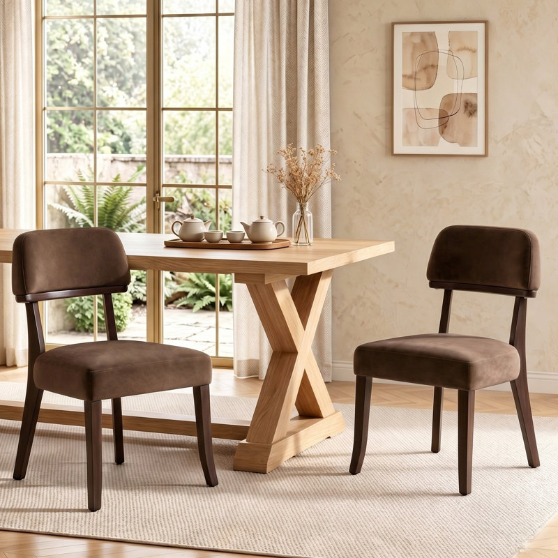 Mid-Century Upholstered Solid Wood Side Chair  Set of 2, Brown