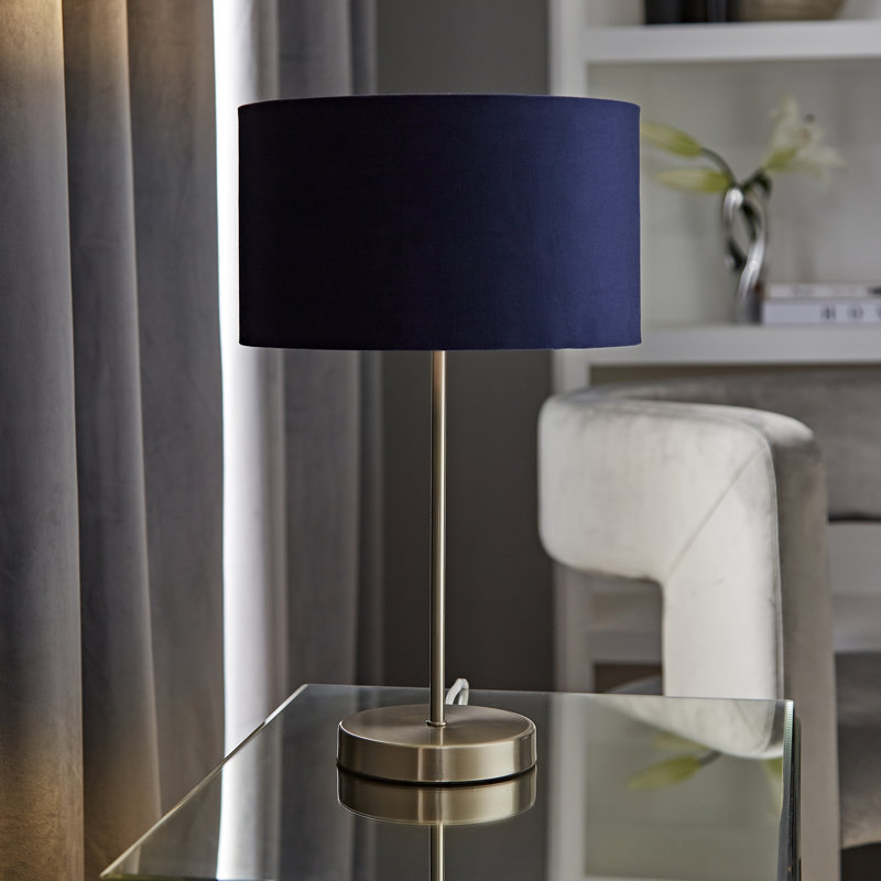 Dadiva Brushed Chrome Stem Table Lamp with Velvet Reni Shade, 38cm H x 17.5 cm W x 44.45cm D, Yes, Silver Base/Navy Shade