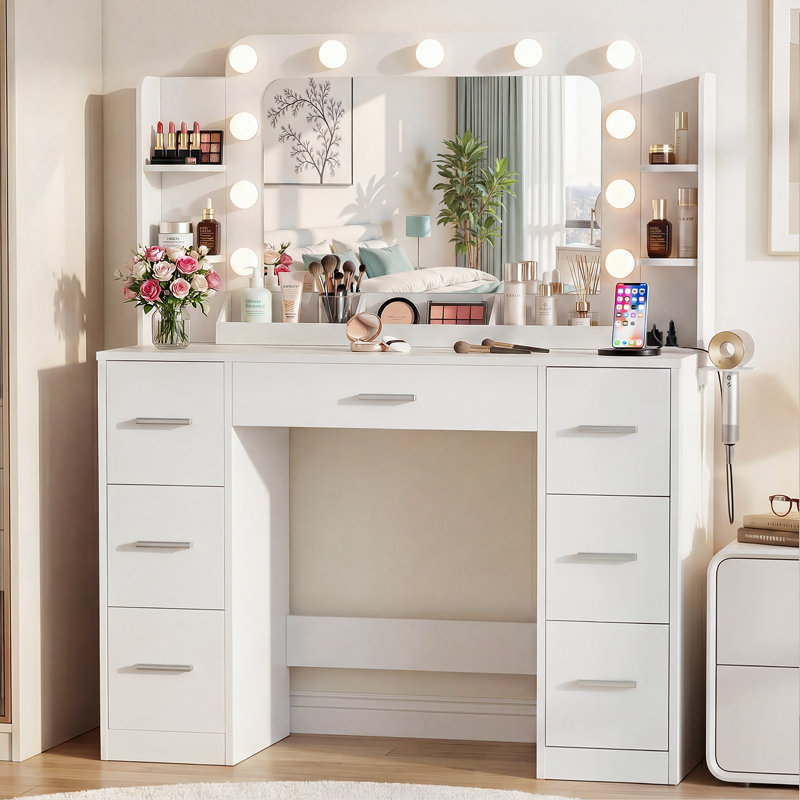 Hollywood White Vanity Desk with Lights, 43.3" 7 Drawers, Charging Station, White
