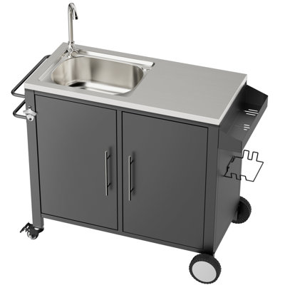 Évier de chariot d'extérieur 304 en acier inoxydable 304, 38 po x 18 po 35 po, mobile avec roulettes verrouillables, convient aux réunions de barbecue intérieures / extérieures, à 360 roues et à un porte-serviette
