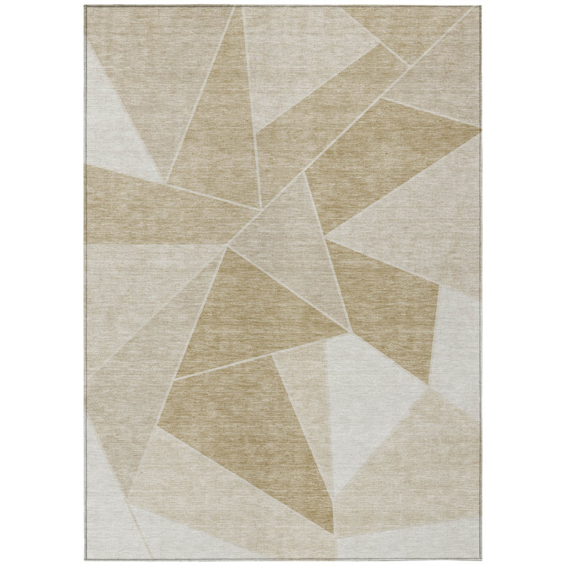 3' X 5' Beige Tan And Ivory Geometric Washable Indoor Outdoor Area Rug