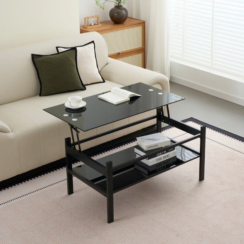 Table basse à plateau relevable moderne en verre trempé noir avec tablette de rangement et structure en métal