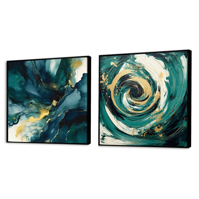 "Bleu foncé et coups d'or XX" - 2 pièces, Cadre flottant noir, H 16 po x l 33 po