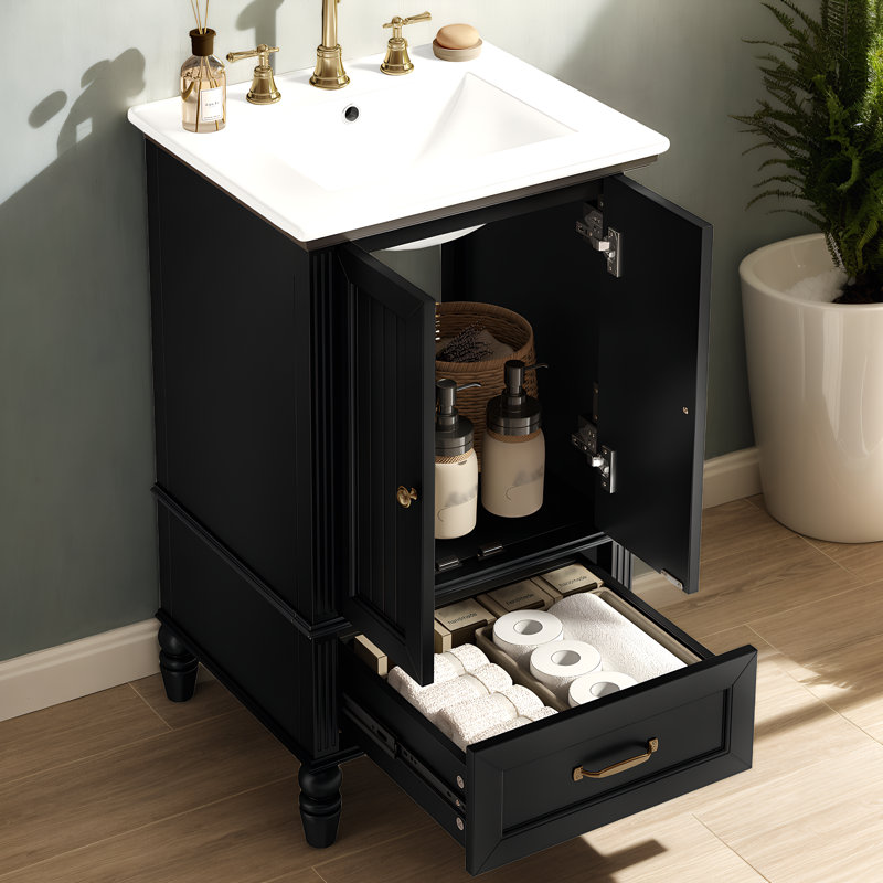 Meuble-lavabo de 20 po avec lavabo, armoire de salle de bain avec deux portes, butoir de porte magnétique et patins réglables, tiroir, noir