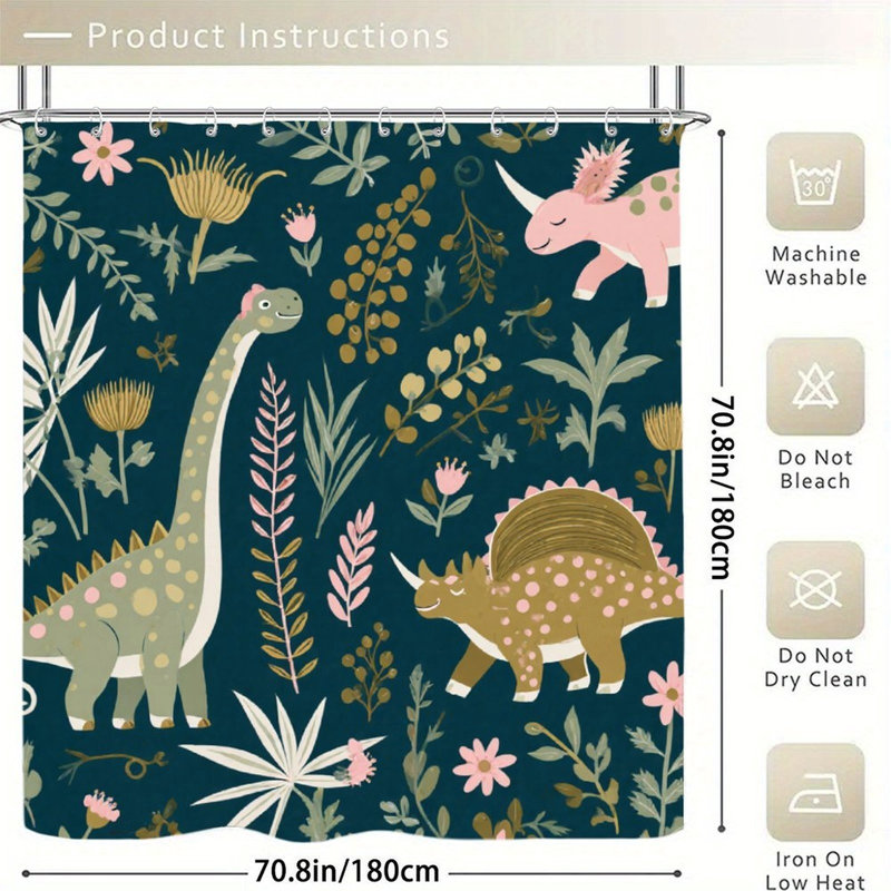 Rideaux de douche pastel à motif de dinosaures et de fleurs, 71 x 71