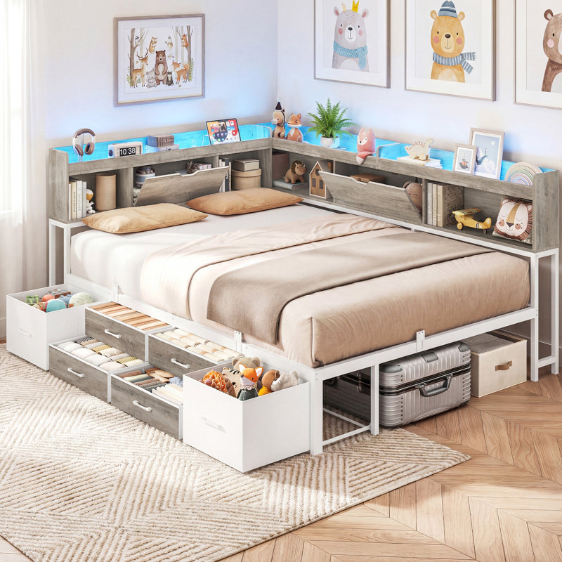 Full Corner Daybed Frame with 6 Drawers and Storage Bookcase Daybed with Charging Station and LED Lights, Gray, Full/Double