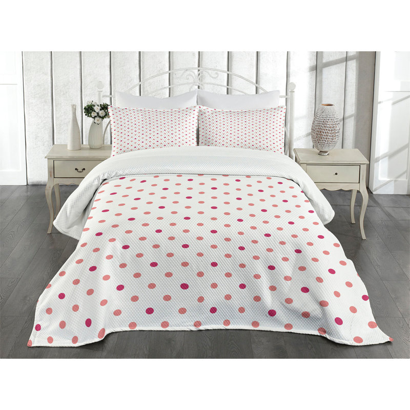White and Pink Polka Dot Quilted Queen Bedspread Set