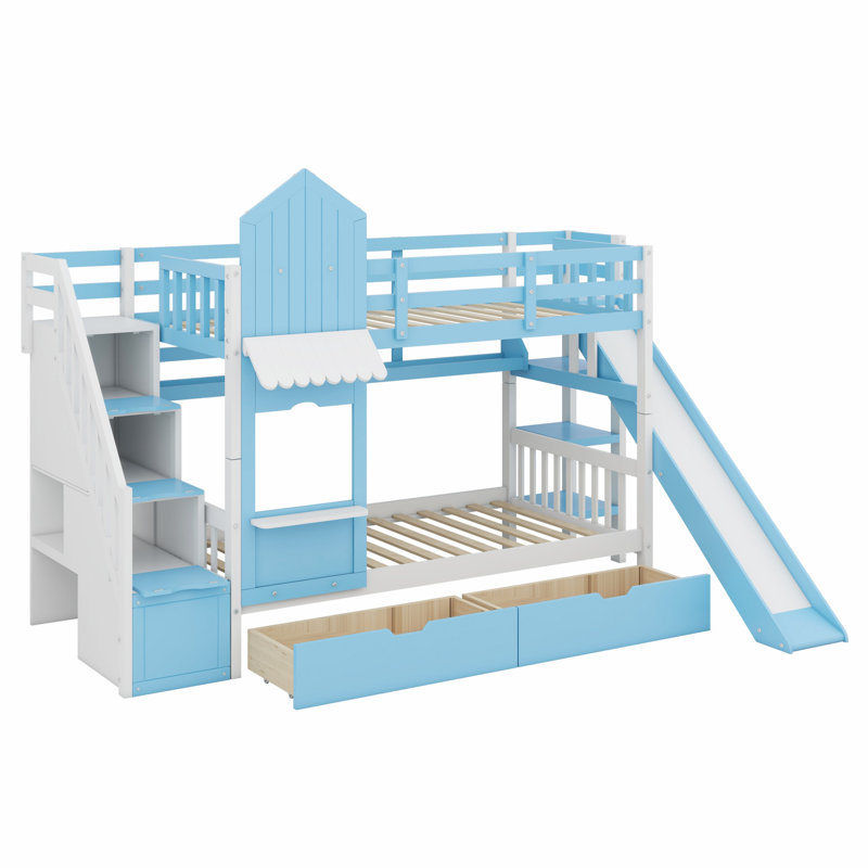 Lit superposé de style château avec 2 tiroirs, 3 tablettes et glissade, Bleu