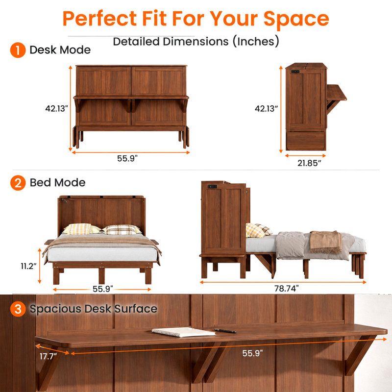 Lit escamotable 2 en 1 avec bureau escamotable, Mahogany