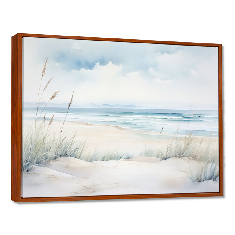 «Soft Color Beach Horizon III - Coastal Minimalisme», art mural, H 16 po x l 32 po x P 1 po, Cadre flottant brun