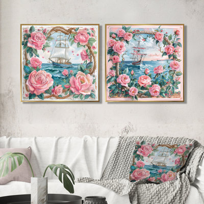 Ancre de pirate rose et vert avec roses roses III - art mural côtier - art mural nautique pour le salon 2 pièces