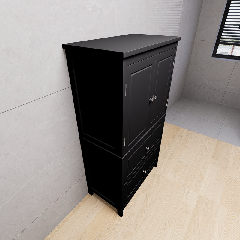 Armoire de rangement de salle de bain noire, armoire avec deux portes et tiroirs, tablettes réglables, panneau en MDF